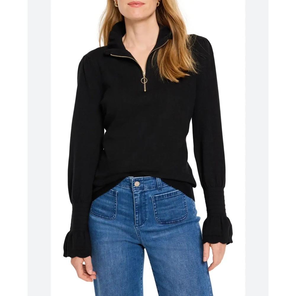 NIC+ZOE Easy Charm Black Mock Neck Puff Sleeve Quarter Zip Sweater Womens Medium
